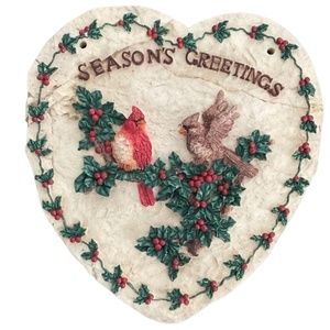 CHRISTMAS Heart Shaped Ceramic Wall Plaque Birds With Holly & Berries NWOT